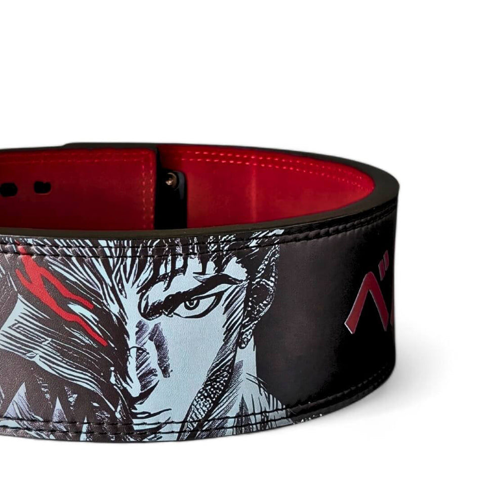 Close-up of a black and red Berserk-inspired weightlifting belt featuring a fierce anime character’s face, highlighting bold style and strong support for serious lifters.