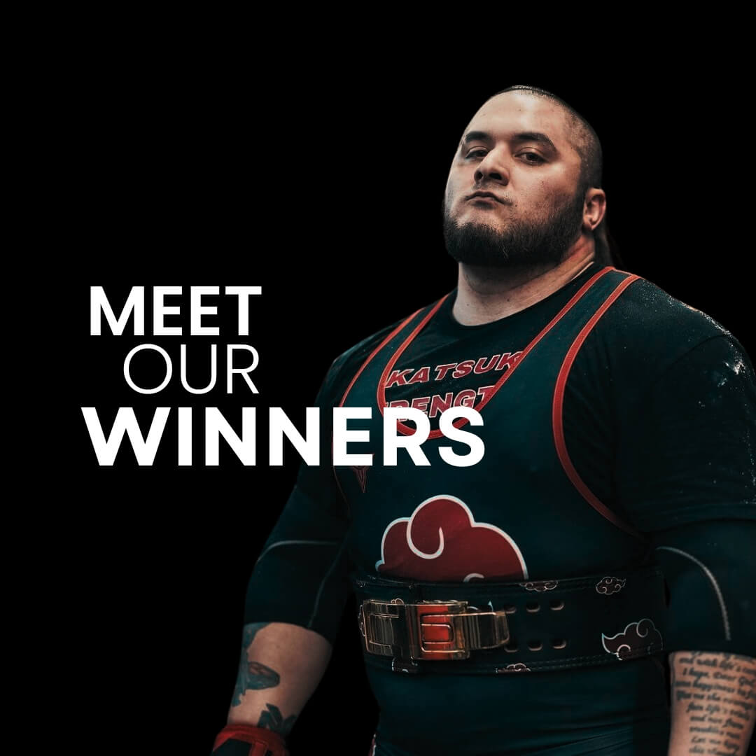 A bearded powerlifter in anime-themed gear stands against black, captioned “MEET OUR WINNERS,” highlighting bestselling powerlifting belts, wraps, and 7mm sleeves for elite strength training.