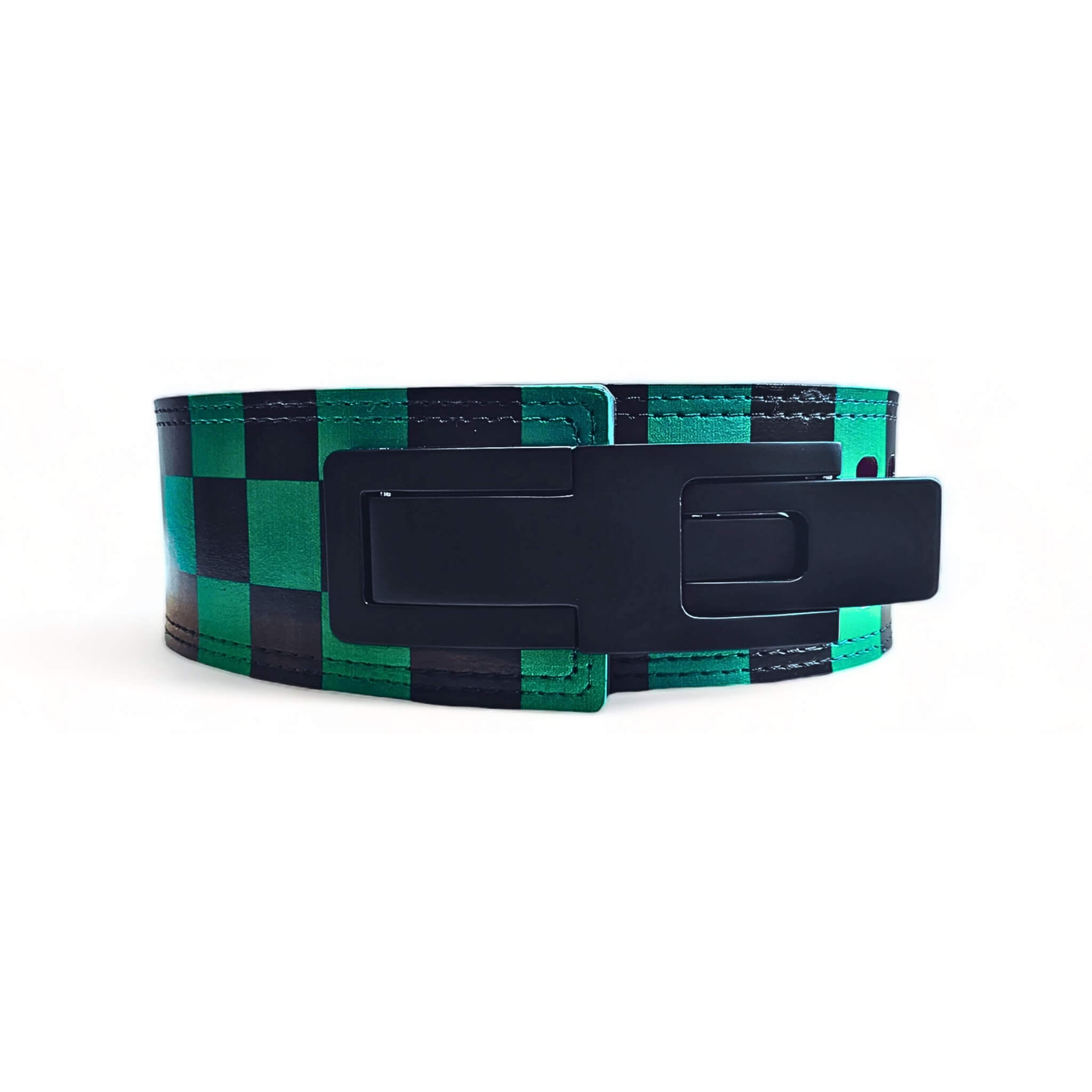 Close-up of a green and black checkered powerlifting belt with a sleek black quick-release lever buckle, inspired by the Demon Slayer series. Ideal for gym enthusiasts, offering durability and strong back support.