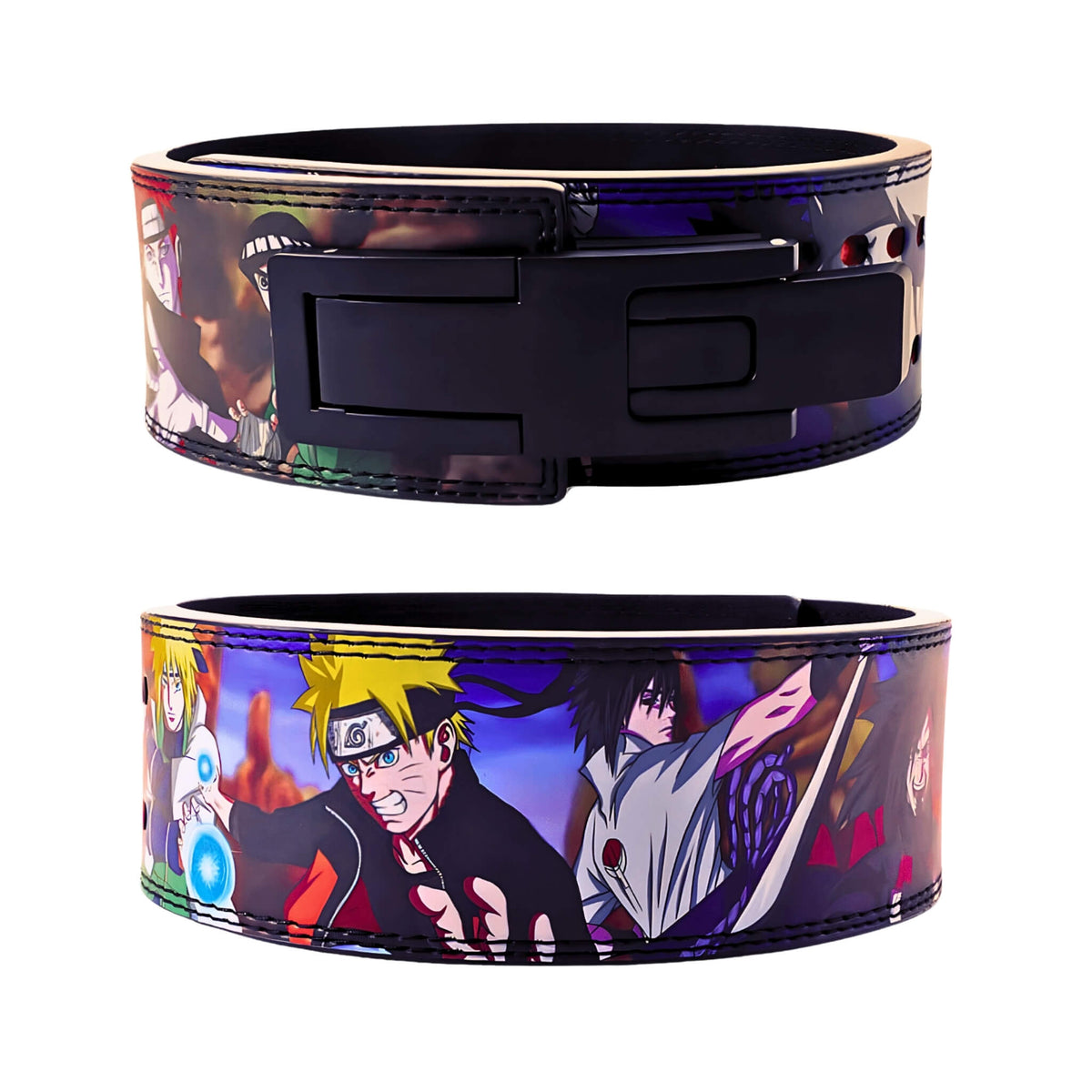 Two Naruto powerlifting belts, one folded and one extended, showcasing vibrant anime designs and robust construction. Ideal for dedicated lifters and anime fans seeking style and support.