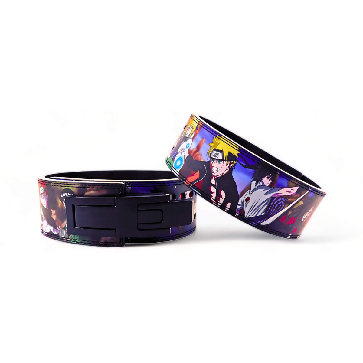 Naruto powerlifting belt showcasing vibrant anime artwork featuring Naruto and other characters. High-quality leather with durable construction, ideal for fitness enthusiasts and anime fans.