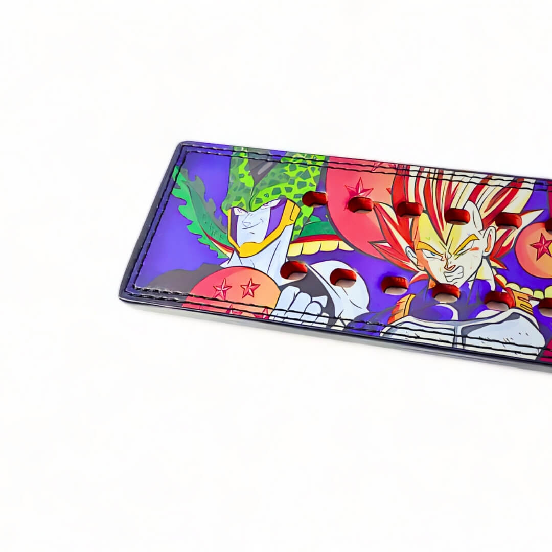 Side view of the Dragon Ball Z lifting belt with illustrations of Cell and Vegeta, featuring bright colors and detailed character designs for a bold look.