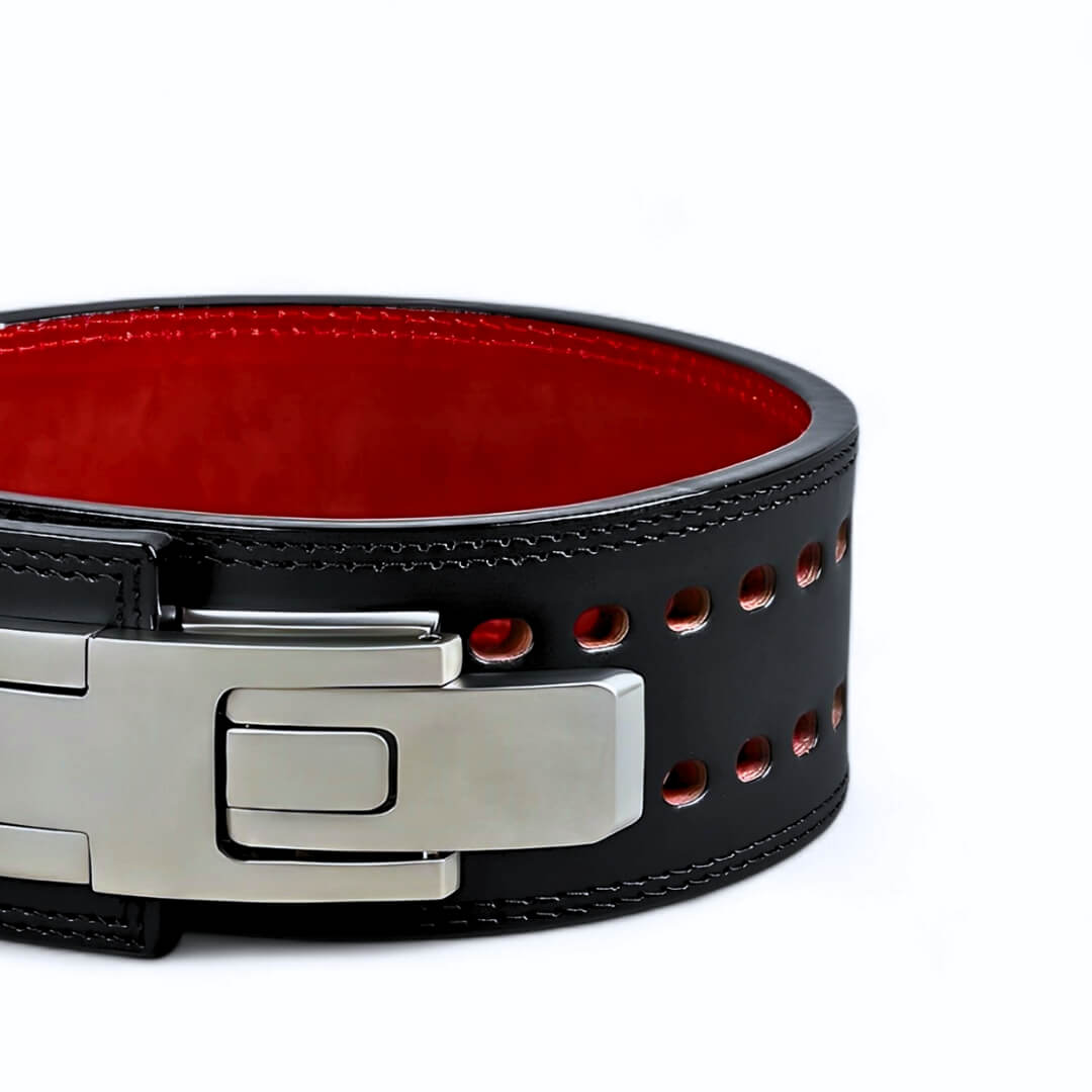 Closed up view of Gray Lever. Leather weightlifting belt for powerlifting. Lever belt action