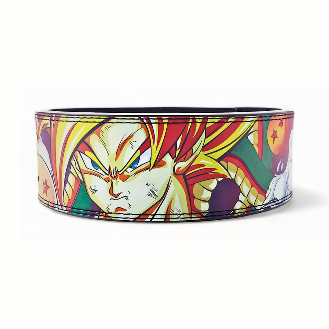 Back view of the Dragon Ball Z lifting belt with Goku's intense expression, detailed artwork, and a durable black buckle for secure support during workouts.