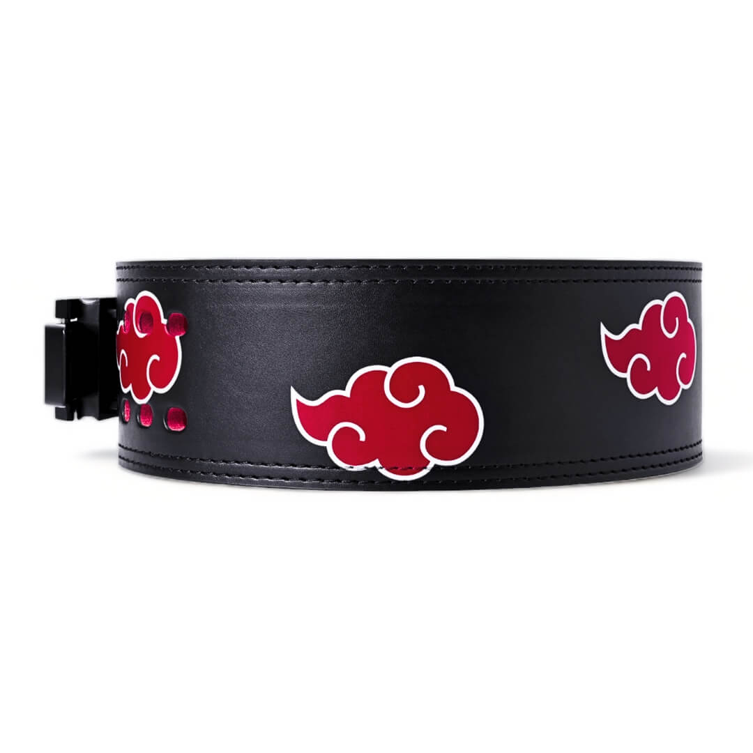 Rear view of Anime Powerlifting Belt with red cloud designs, durable leather, and secure buckle, perfect for weightlifting and strength training.