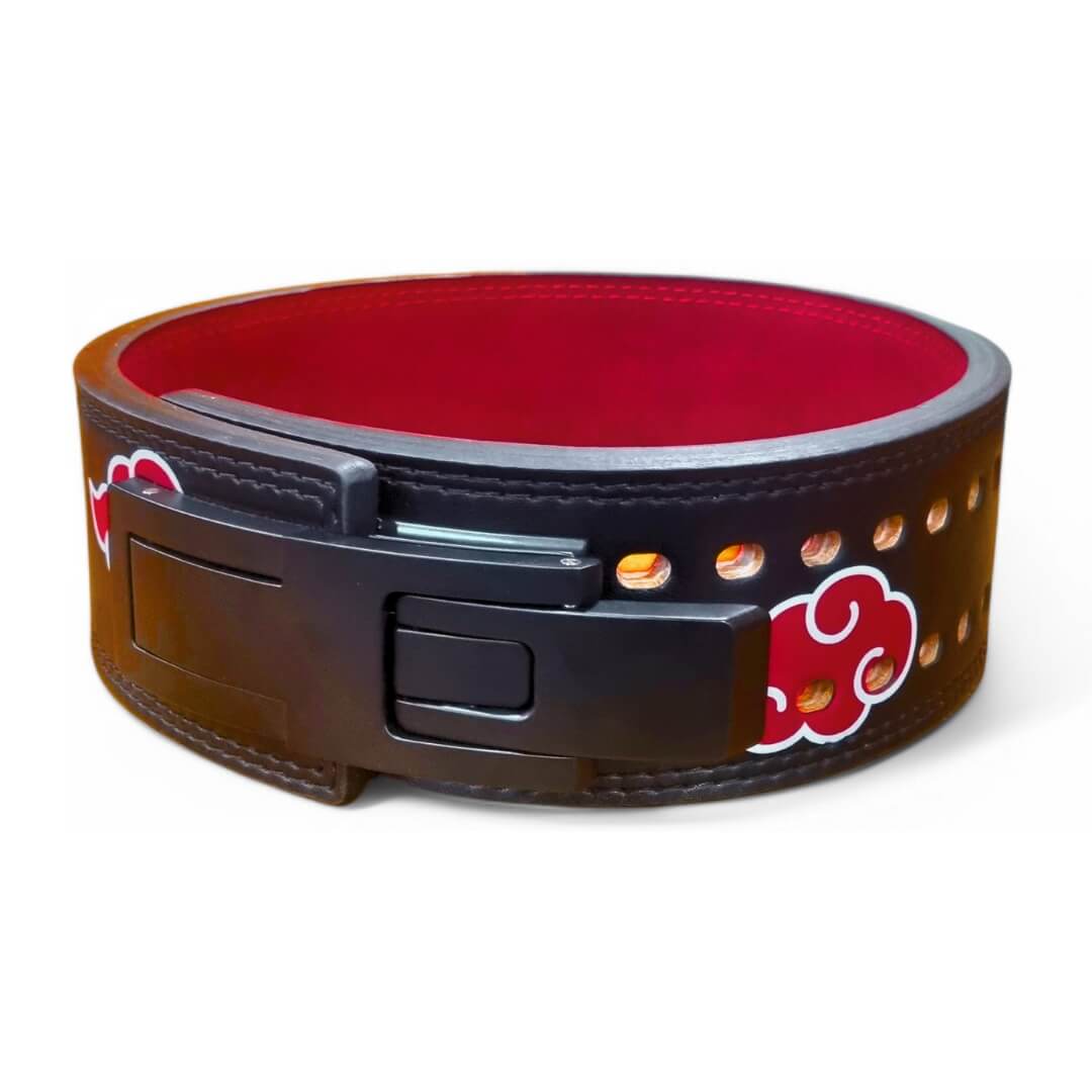 Side view of Anime Powerlifting Belt with red cloud designs, durable leather, and secure buckle, perfect for weightlifting and strength training.