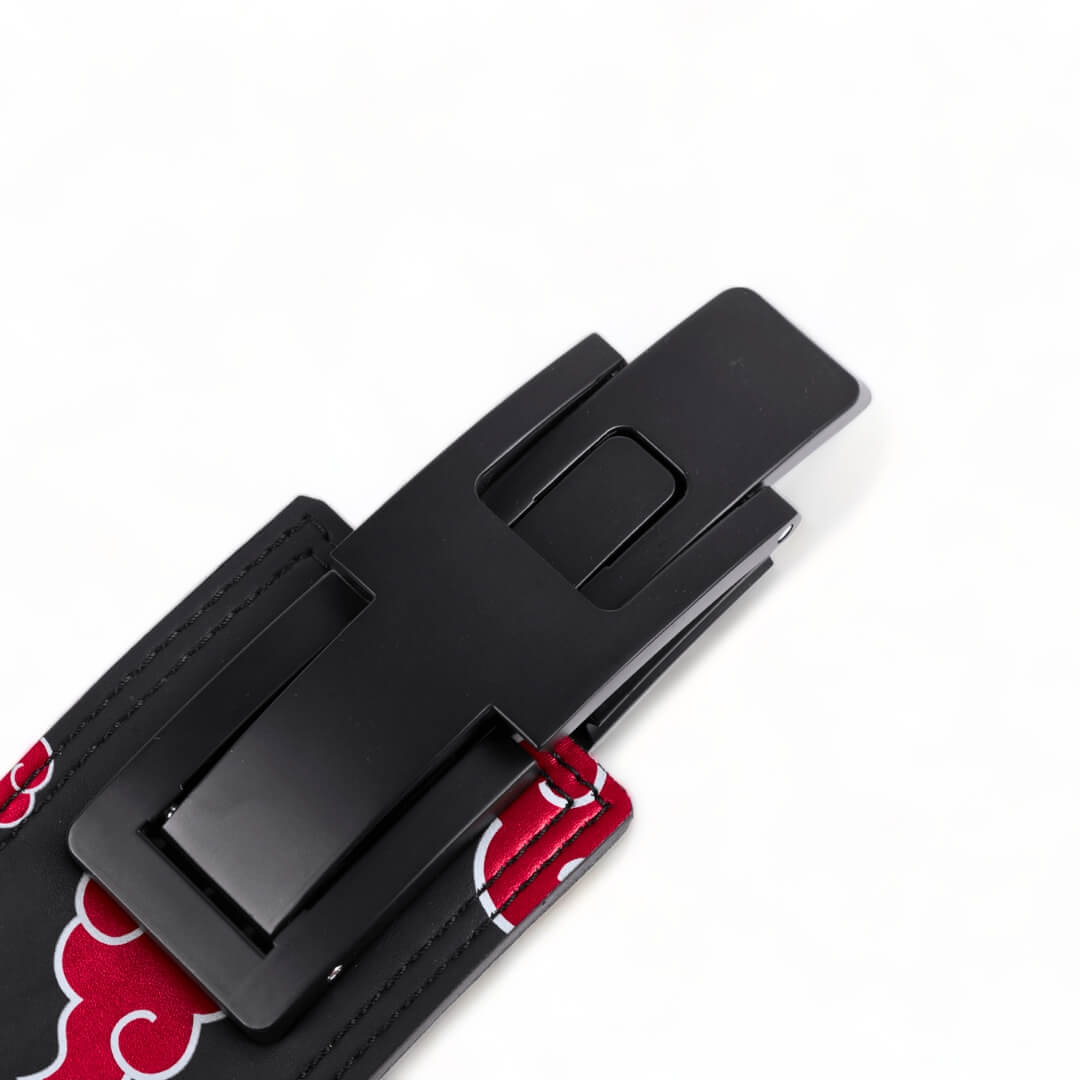 Close up view of lever buckle for Akatsuki v2 Lifting Belt | Anime lifting belt displaying durable lever buckle and the vivid red cloud designs, embodying the spirit of the Akatsuki. For powerlifting, weightlifting and other strength sports