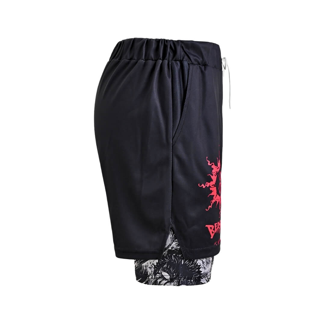 Side view of Berserk gym shorts | Anime workout gear for gym with Berserk pattern.