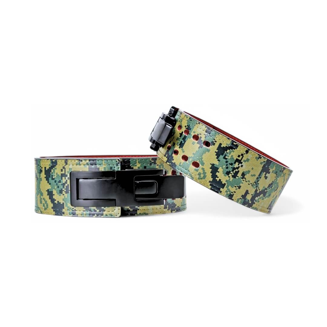 Woodlands Camo Weightlifting Belt on display | Powerlifting belt featuring adjustable lever buckle. This belt offers superior support and a sleek black leather exterior with red suede interiors, perfect for powerlifting and serious weight training.