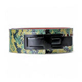 Front Woodlands camo Weightlifting Belts on display with black lever buckle | Powerlifting belt featuring adjustable lever buckle. This belt offers superior support and a sleek black leather exterior with red suede interiors, perfect for powerlifting and serious weight training.