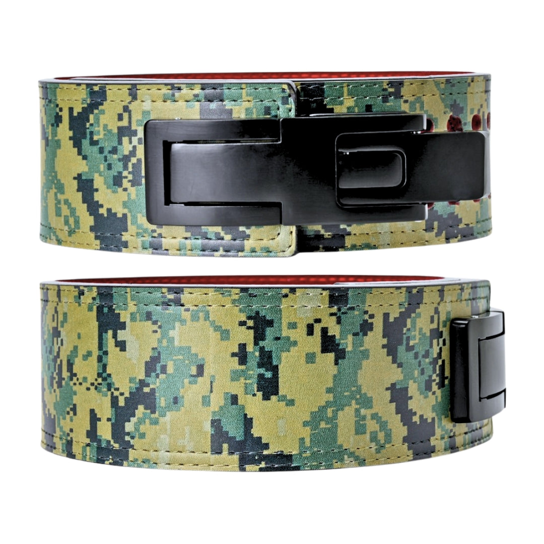 Two Woodland camo Weightlifting Belts on display | Powerlifting belt featuring adjustable lever buckle. This belt offers superior support and a sleek black leather exterior with red suede interiors, perfect for powerlifting and serious weight training.