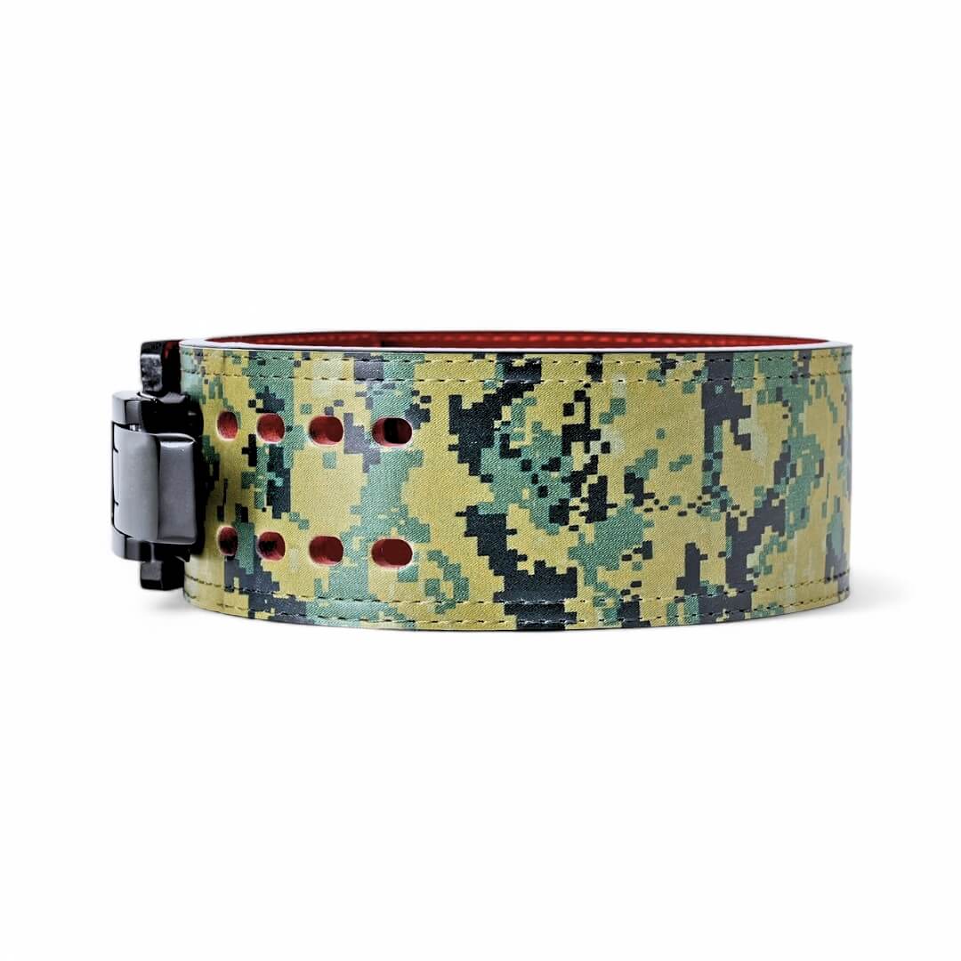 Alternate Side Woodlands camo Weightlifting Belts on display with black lever buckle | Powerlifting belt featuring adjustable lever buckle. This belt offers superior support and a sleek black leather exterior with red suede interiors, perfect for powerlifting and serious weight training.