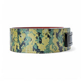 Rear view of camo Weightlifting Belts on display with black lever buckle | Powerlifting belt featuring adjustable lever buckle. This belt offers superior support and a sleek black leather exterior with red suede interiors, perfect for powerlifting and serious weight training.