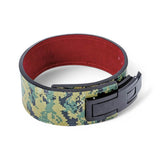 Top view of Woodlands camo Weightlifting Belts on display with black lever buckle | Powerlifting belt featuring adjustable lever buckle. This belt offers superior support and a sleek black leather exterior with red suede interiors, perfect for powerlifting and serious weight training.