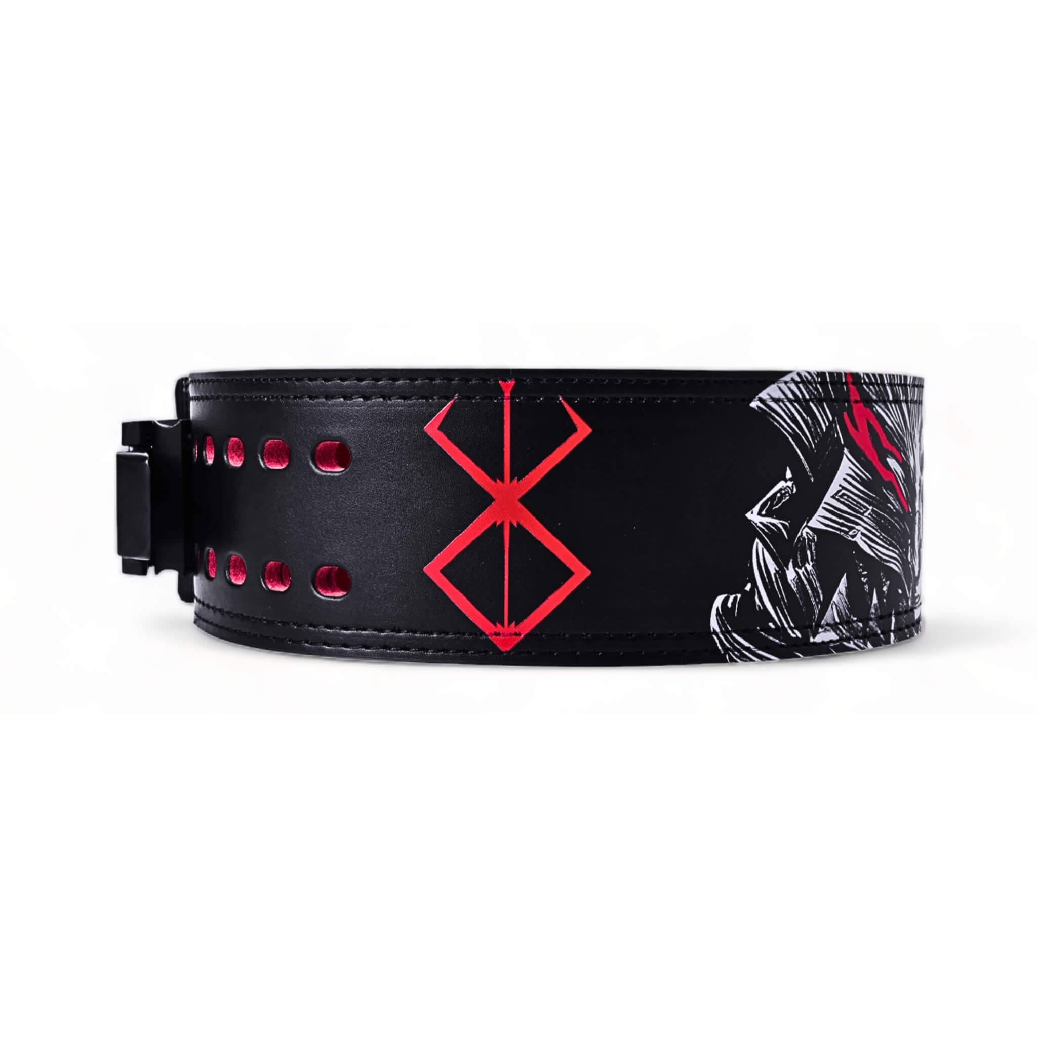 Side view of Berserk powerlifting belt showcasing intricate design and durable leather, designed for maximum support during workouts.