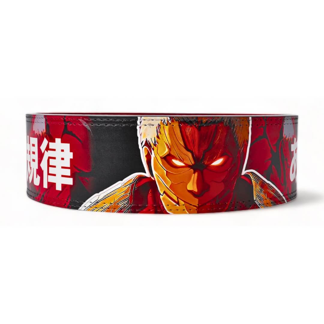 Back display for Attack on Titan powerlifting belts displayed | Anime lifting belt with  vibrant graphics, durable leather, perfect for powerlifting and weightlifting