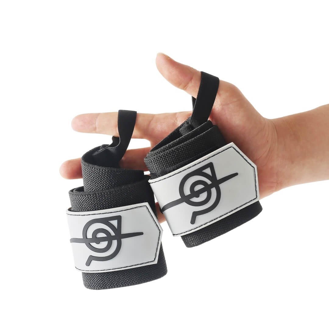 Hidden Leaf Wrist Wraps On Display. Perfect for weightlifting,and strength training. A unique anime gym gear gift for fitness lovers.