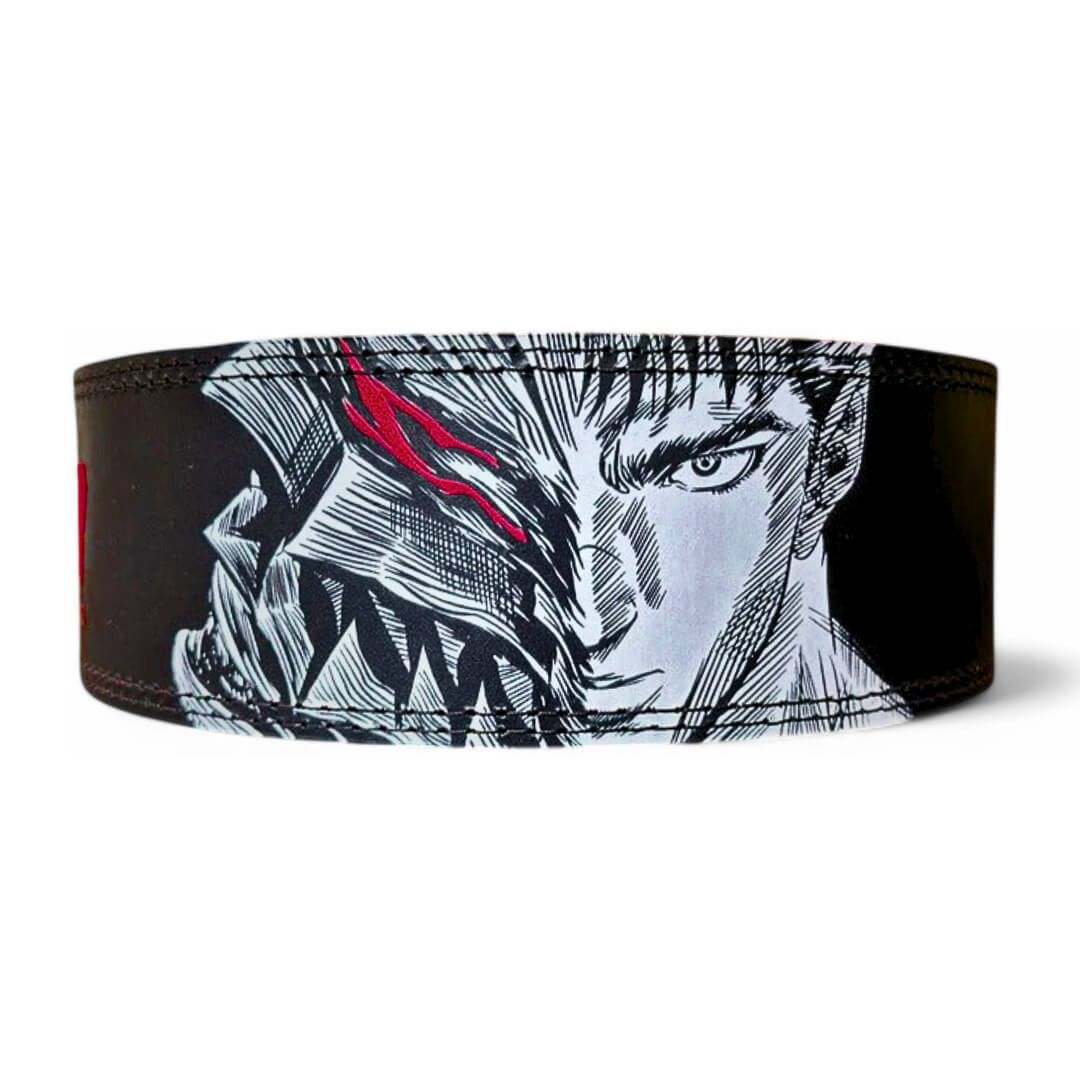 Rear of Berserk Lifting Belt with Guts' face. This anime-inspired powerlifting belt with adjustable lever offers ultimate lower back support for deadlifts and squats.