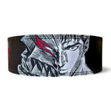 Rear of Berserk Lifting Belt with Guts' face. This anime-inspired powerlifting belt with adjustable lever offers ultimate lower back support for deadlifts and squats.