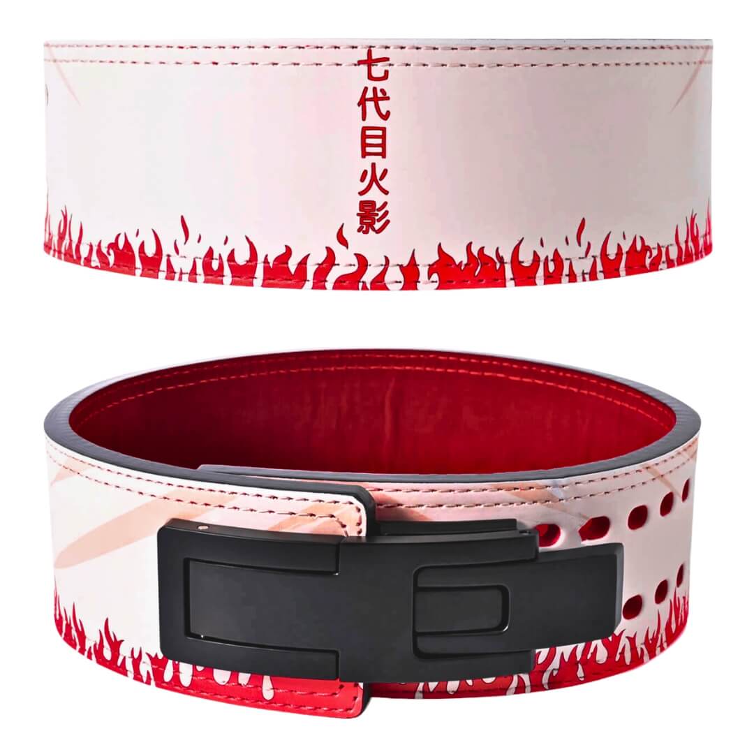 Front and rear view of Hokage Litfting Belt | Naruto lifting belts featuring bold red flame design and durable construction, it's ideal for powerlifters and anime enthusiasts.