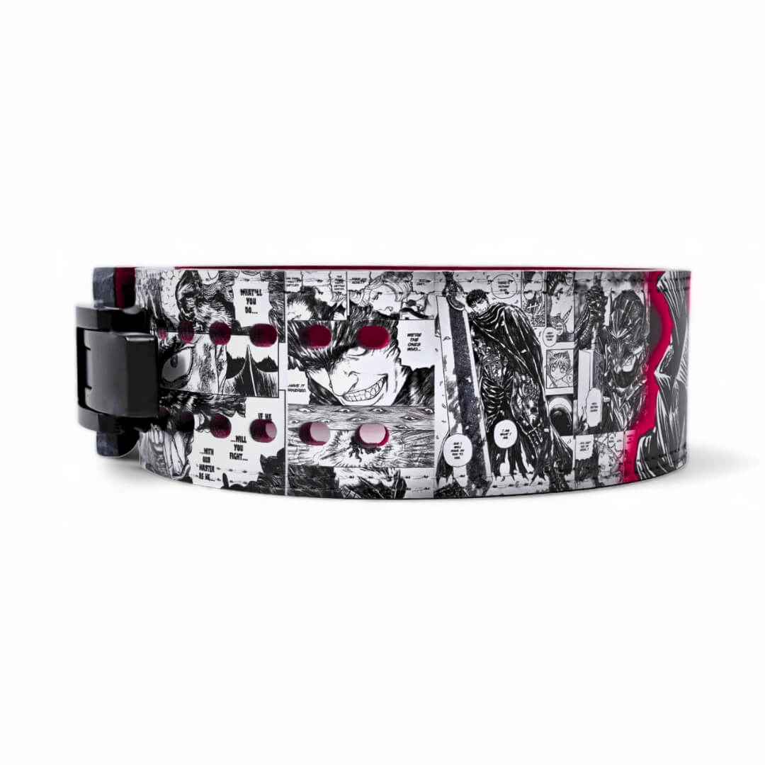 Side view of Berserk Powerlifting Belt on display | anime lifting belt with manga artwork. Built for strength training sports