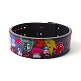 Side view of the Akatsuki chibi powerlifting belt, showcasing various chibi characters from the Akatsuki group on a black leather belt with a lever buckle.