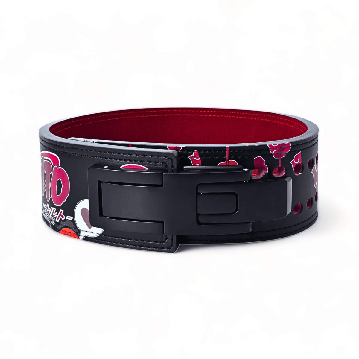 Close-up of the Akatsuki chibi powerlifting belt's front, showing the detailed character designs and the robust, adjustable lever buckle.