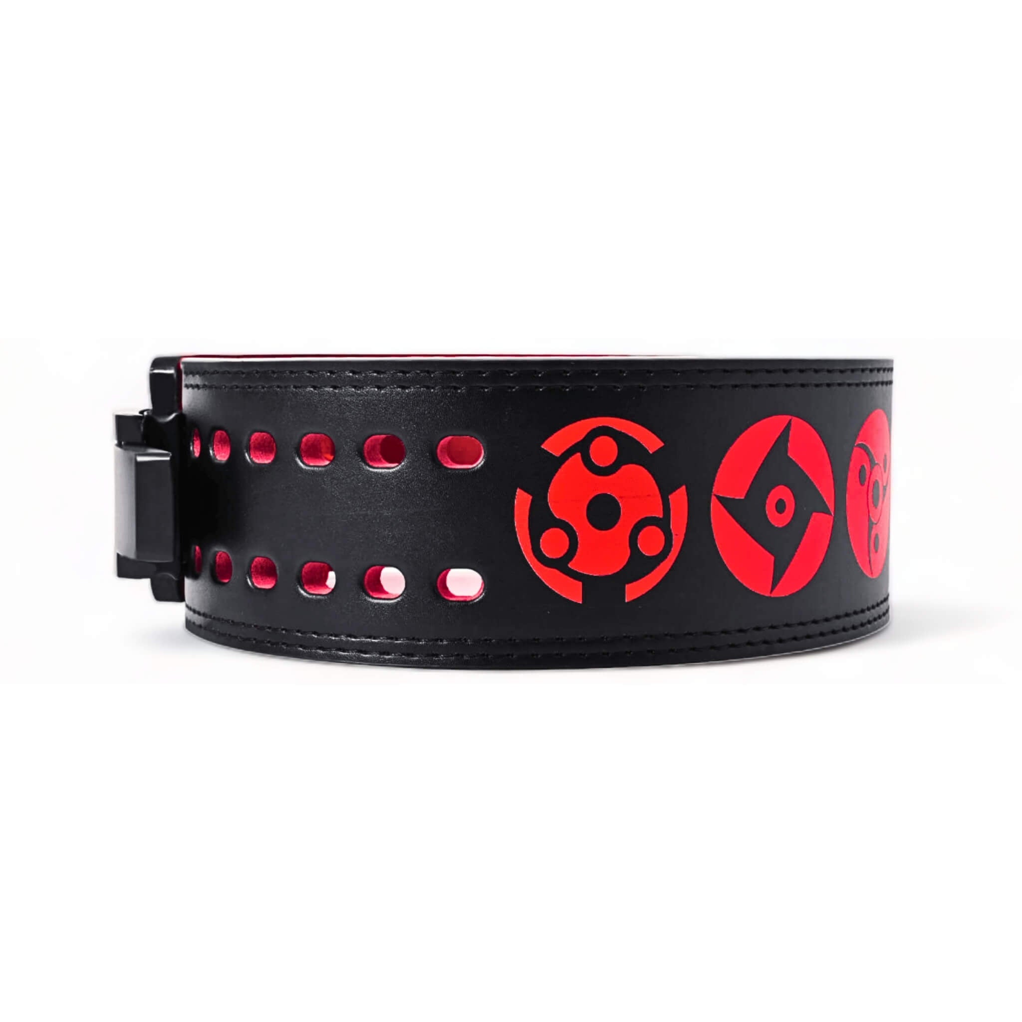 Durable powerlifting belt adorned with striking red symbols, including an ergonomic lever buckle. Ideal for competitive lifters looking for both performance and unique design.