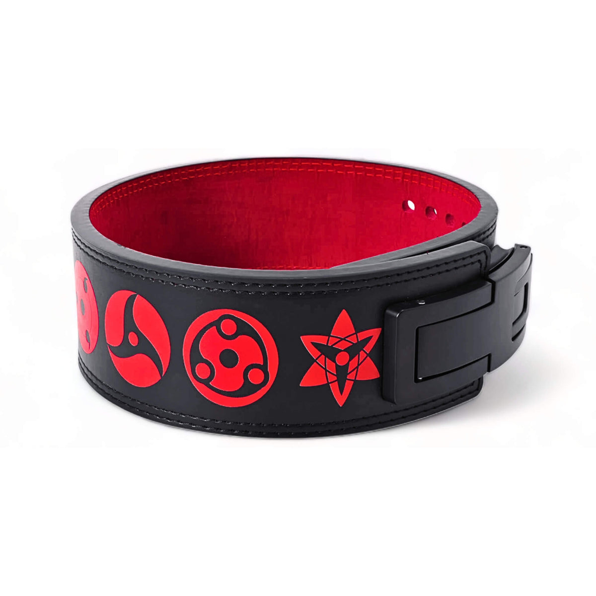 Powerlifting belt with intricate red designs on black leather, offering excellent support with a lever buckle. A perfect blend of functionality and aesthetics for dedicated lifters.