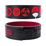 Premium powerlifting belt with vibrant red designs, adjustable lever buckle, and robust construction. Perfect for heavy lifting, ensuring both stability and a unique aesthetic.