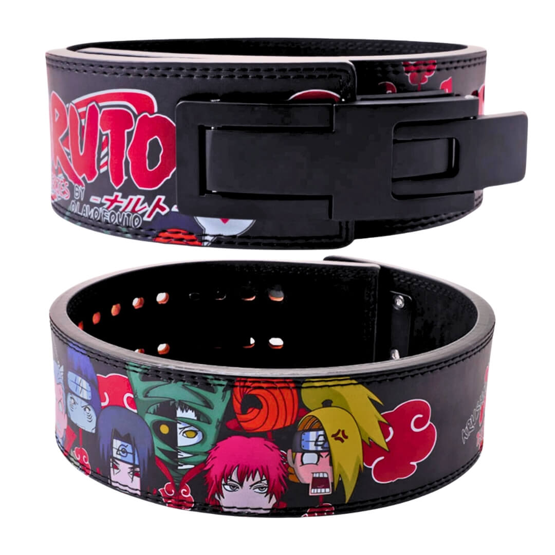 Side and rear view of Chibi Akatsuki weightlifting belts | Anime lifting belts with printed design highlighting the detailed characters from Naruto