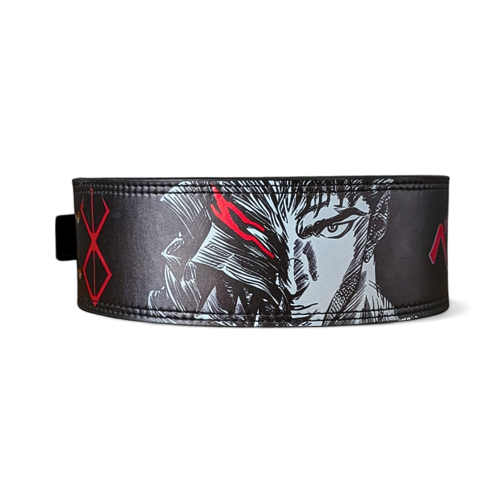 Berserk Lifting Belt - Detailed anime character design on a sturdy black leather belt. Designed for maximum support and eye-catching style, this belt is perfect for dedicated weightlifters.