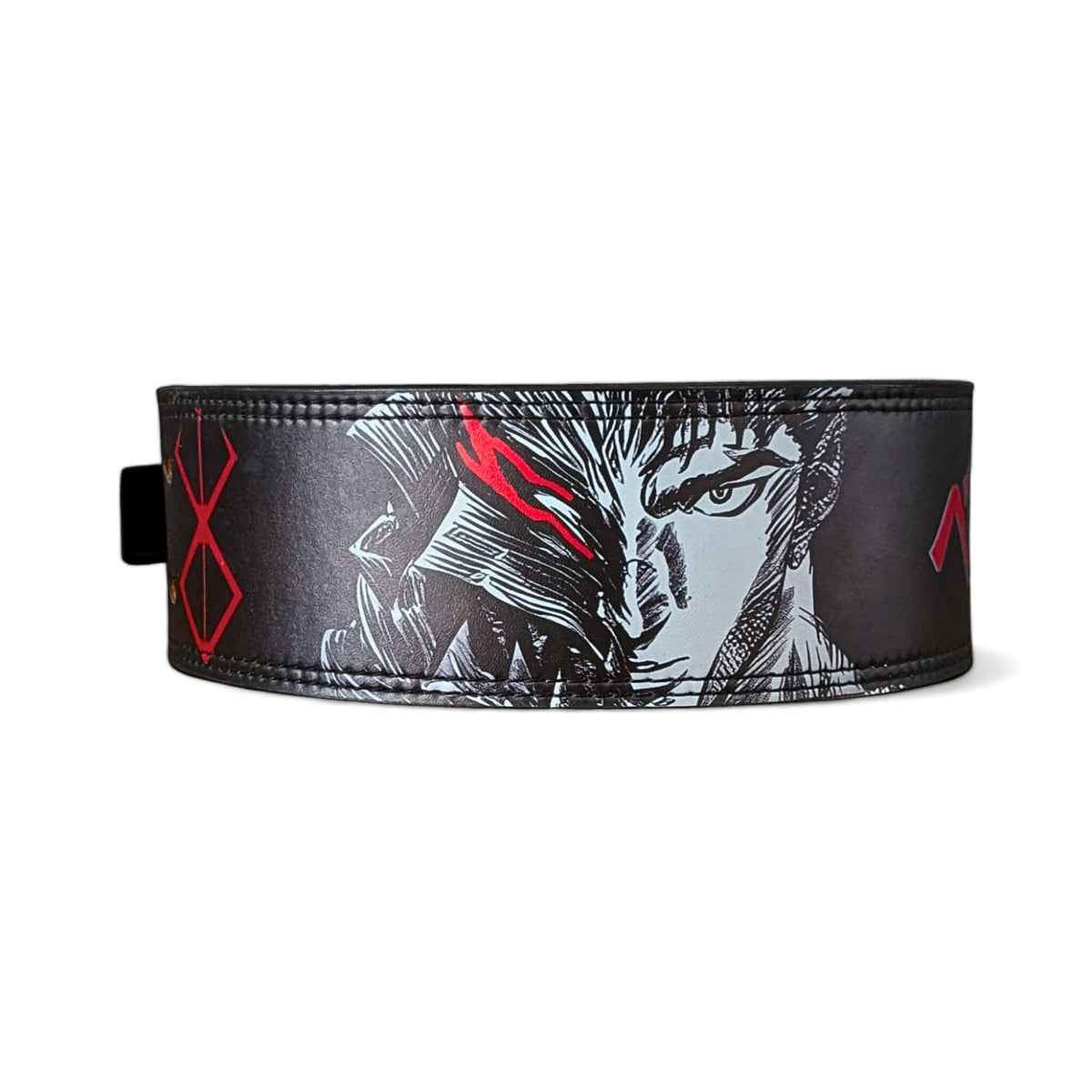 Berserk Lifting Belt - Detailed anime character design on a sturdy black leather belt. Designed for maximum support and eye-catching style, this belt is perfect for dedicated weightlifters.