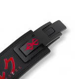 Closed up view of Berserk Lifting Belt displaying the lever. This anime-inspired powerlifting belt with adjustable lever offers ultimate lower back support for deadlifts and squats.