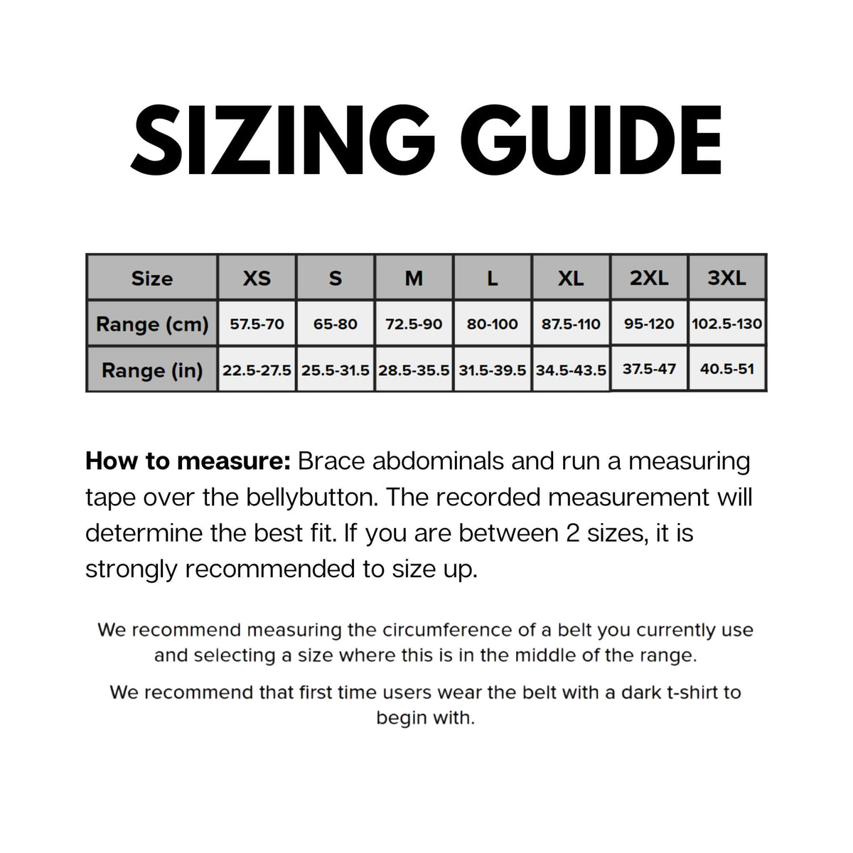 Sizing guide for Custom lifting belts