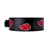 Akatsuki Powerlifting Belt with red cloud designs, durable leather, and secure buckle, perfect for weightlifting and strength training.