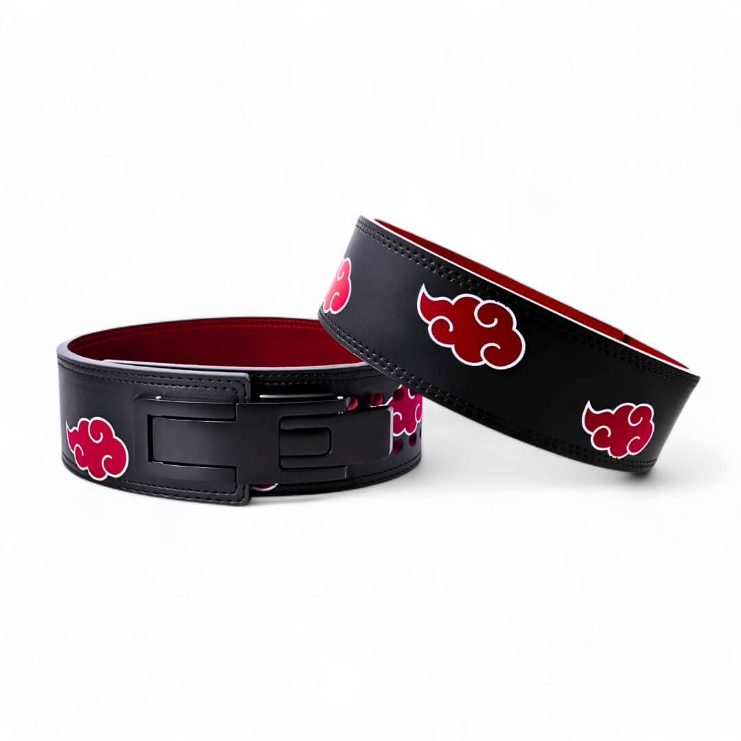 Akatsuki lifting belt on display | Naruto lifting belt with red interior and adjustable holes, ideal for weightlifting, powerlifting, and lower back support.