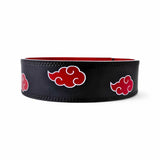 Back View of Akatsuki lifting belt on display | Naruto lifting belt with red interior and adjustable holes, ideal for weightlifting, powerlifting, and lower back support.