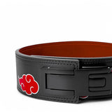 Close up of Naruto Weightlifting Belt with red cloud designs, durable leather, and secure buckle, perfect for weightlifting and strength training.