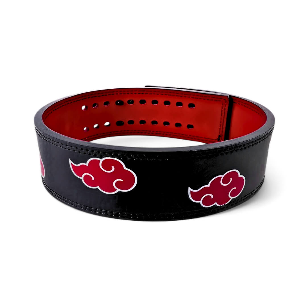 Akatsuki lifting belt top view | anime belt with red interior and adjustable holes, ideal for weightlifting, powerlifting, and lower back support.