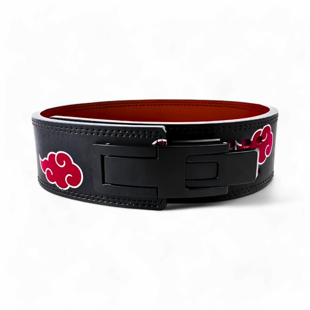 Akatsuki lifting belt on display | Front View | Naruto lifting belt with red interior and adjustable holes, ideal for weightlifting, powerlifting, and lower back support.