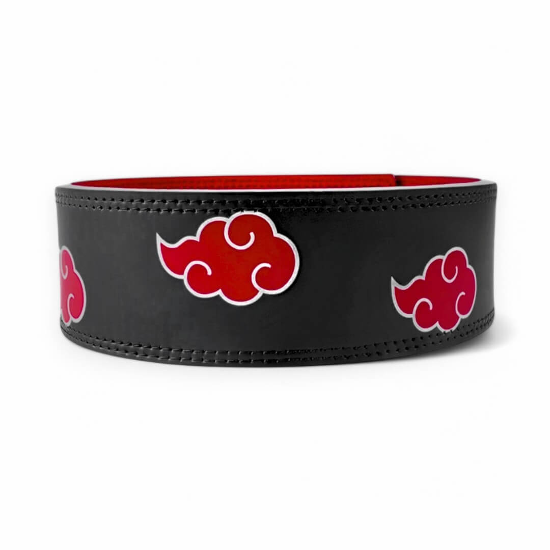 Main image of Anime Powerlifting Belt with red cloud designs, durable leather, and secure buckle, perfect for weightlifting and strength training.