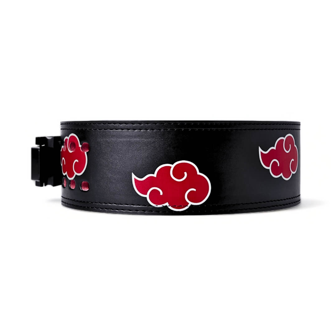 Akatsuki Powerlifting Belt with red cloud designs, durable leather, and secure buckle, perfect for weightlifting and strength training.