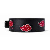 Akatsuki Powerlifting Belt with red cloud designs, durable leather, and secure buckle, perfect for weightlifting and strength training.