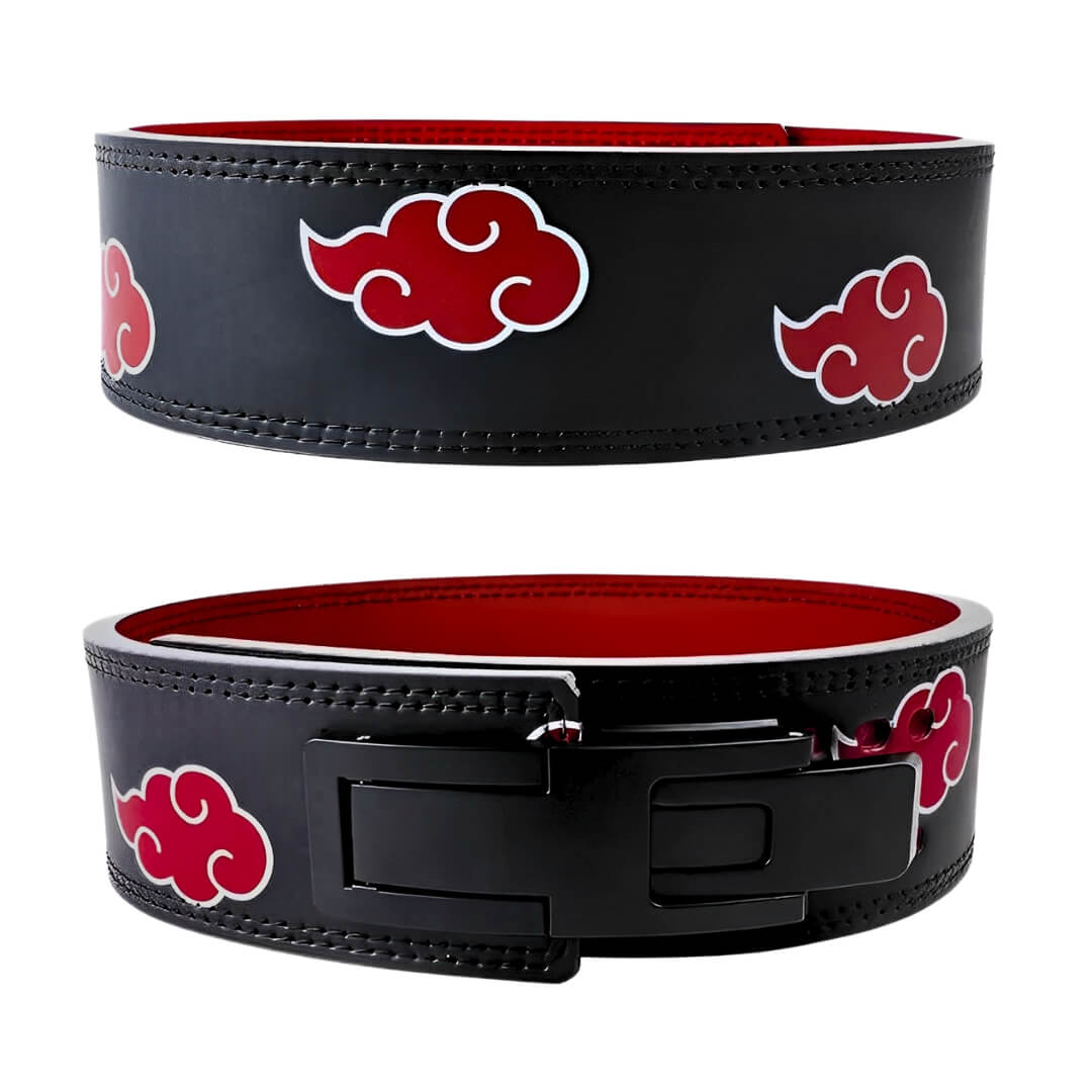 Front & Back view of Akatsuki lifting belt on display | Naruto lifting belt with red interior and adjustable holes, ideal for weightlifting, powerlifting, and lower back support.