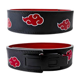 Front & Back view of Akatsuki lifting belt on display | Naruto lifting belt with red interior and adjustable holes, ideal for weightlifting, powerlifting, and lower back support.