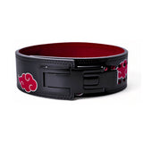 Front View of Akatsuki lifting belt on display | Naruto lifting belt with red interior and adjustable holes, ideal for weightlifting, powerlifting, and lower back support.