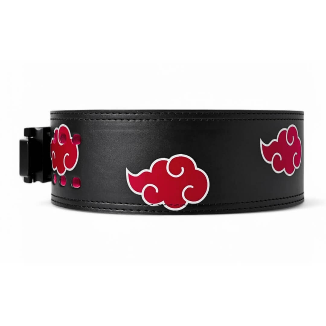 3rd image of Anime Powerlifting Belt with red cloud designs, durable leather, and secure buckle, perfect for weightlifting and strength training.