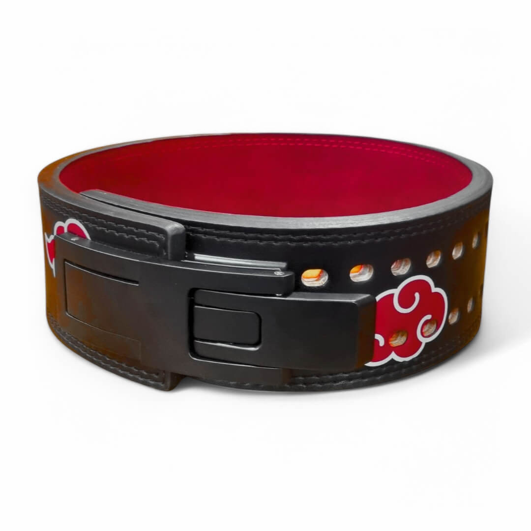 Side view of Akatsuki Weightlifting Belt with red cloud designs, durable leather, and secure buckle, perfect for weightlifting and strength training.