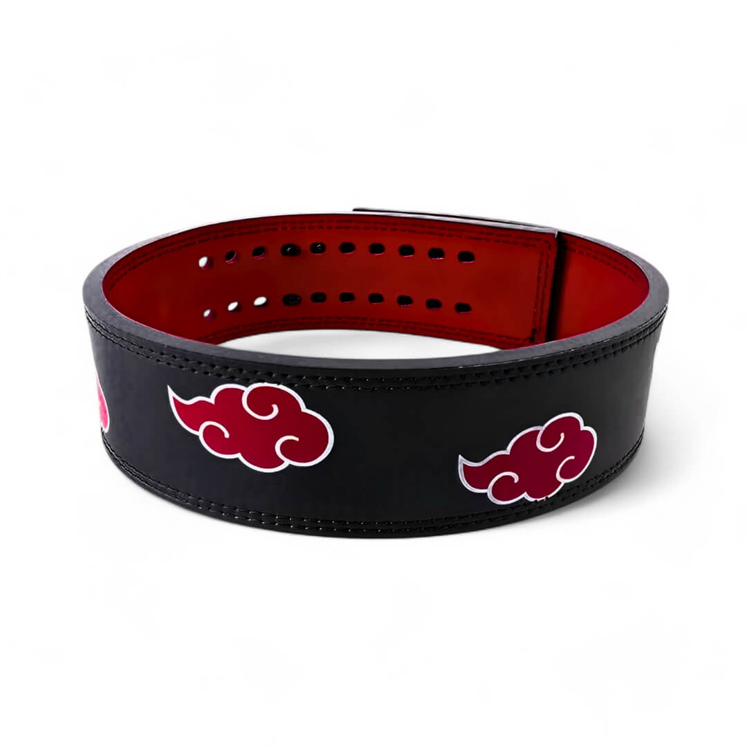 Akatsuki lifting belt top view | anime belt with red interior and adjustable holes, ideal for weightlifting, powerlifting, and lower back support.